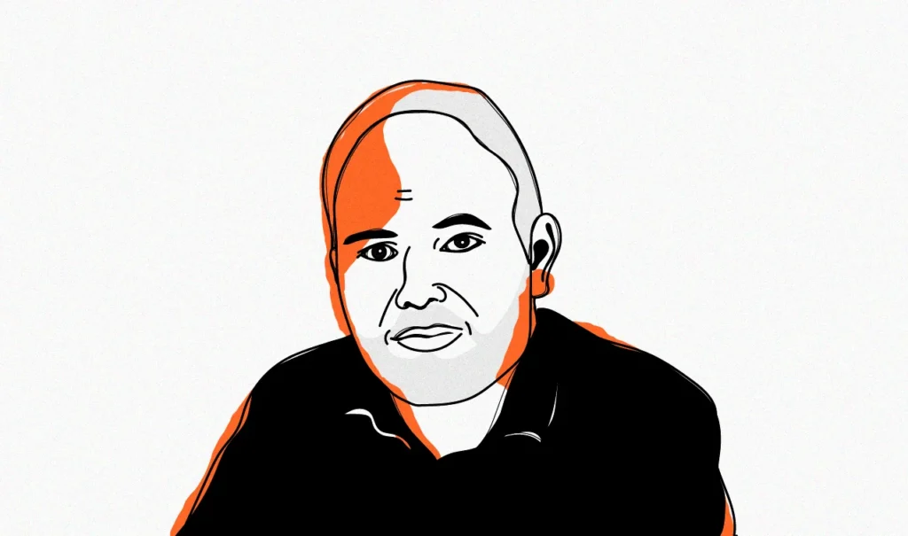 Basel Alsourani, Partner from Gaza in black, white and orange strokes