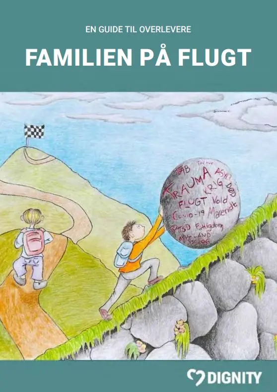 Forside til guiden. En illustration af en dreng der triller en stor sten, som symboliserer hans traumer, op ad en stejl bakke