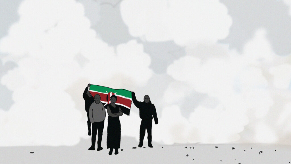 Illustration: Kenyans standing with the Kenyan flat on a smoky street