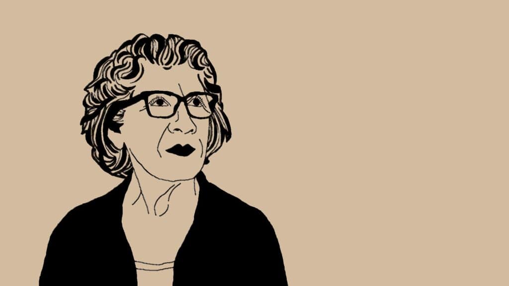 Myriam Navarrete tegnet i sort/hvid på beige baggrund