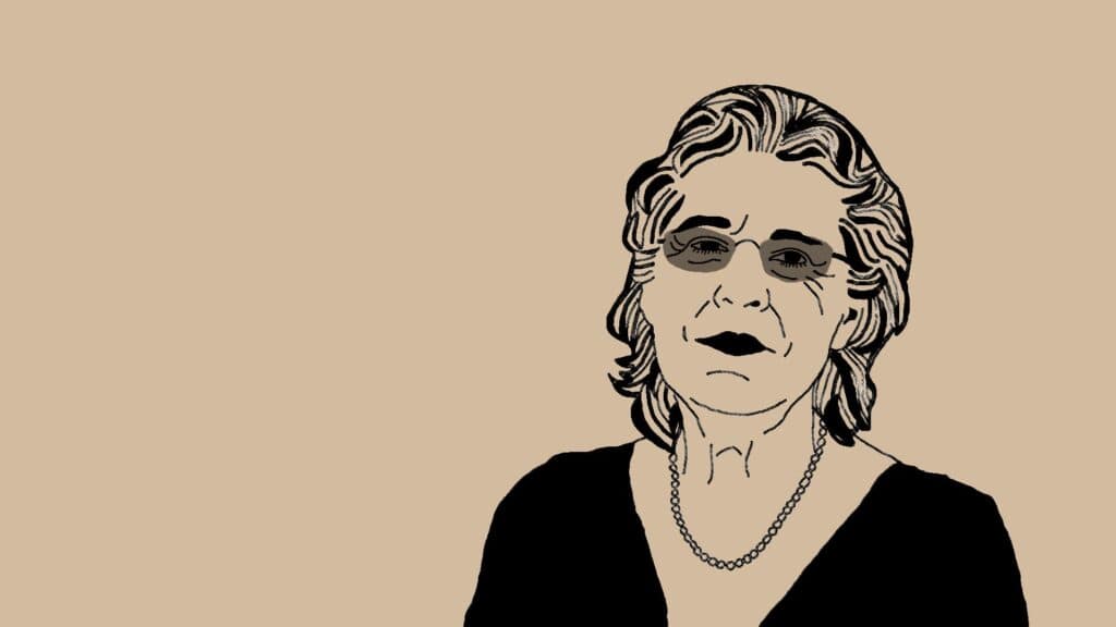 Patricia Salinas tegnet i sort/hvid på beige baggrund